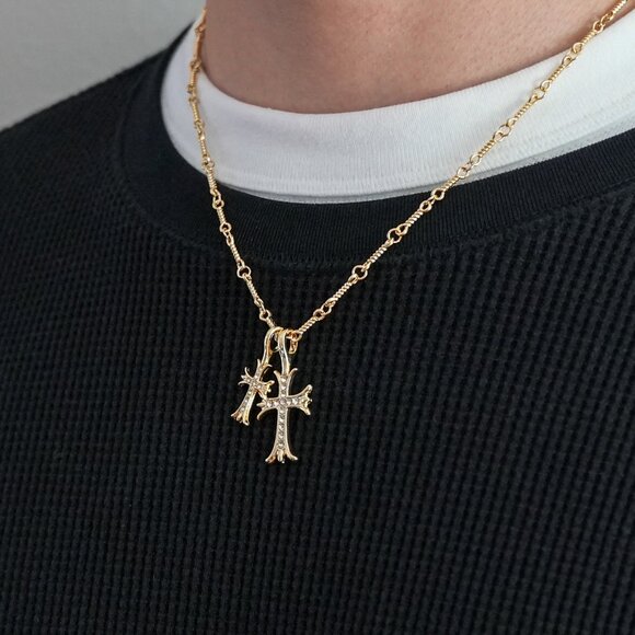 gold double cross dimond stone pendant necklace - Picture 5 of 11